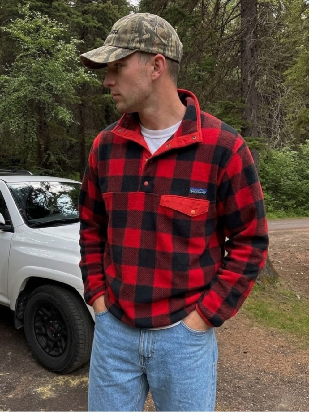 Patagonia Synchilla Fleece Pullover Buffalo Plaid Red Black Men’s Size Small